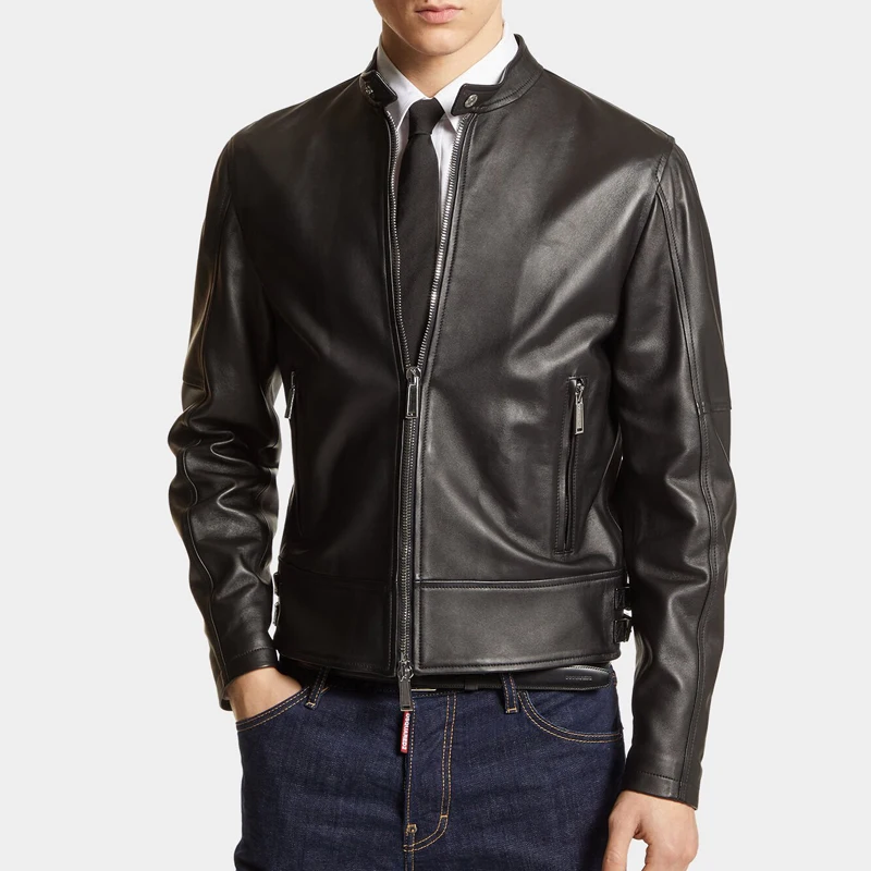 Men's Classic Black Stand-Up Collar Leather Jacket - Fashionable Casual Style Custom Calf Leather Sheepskin Coat