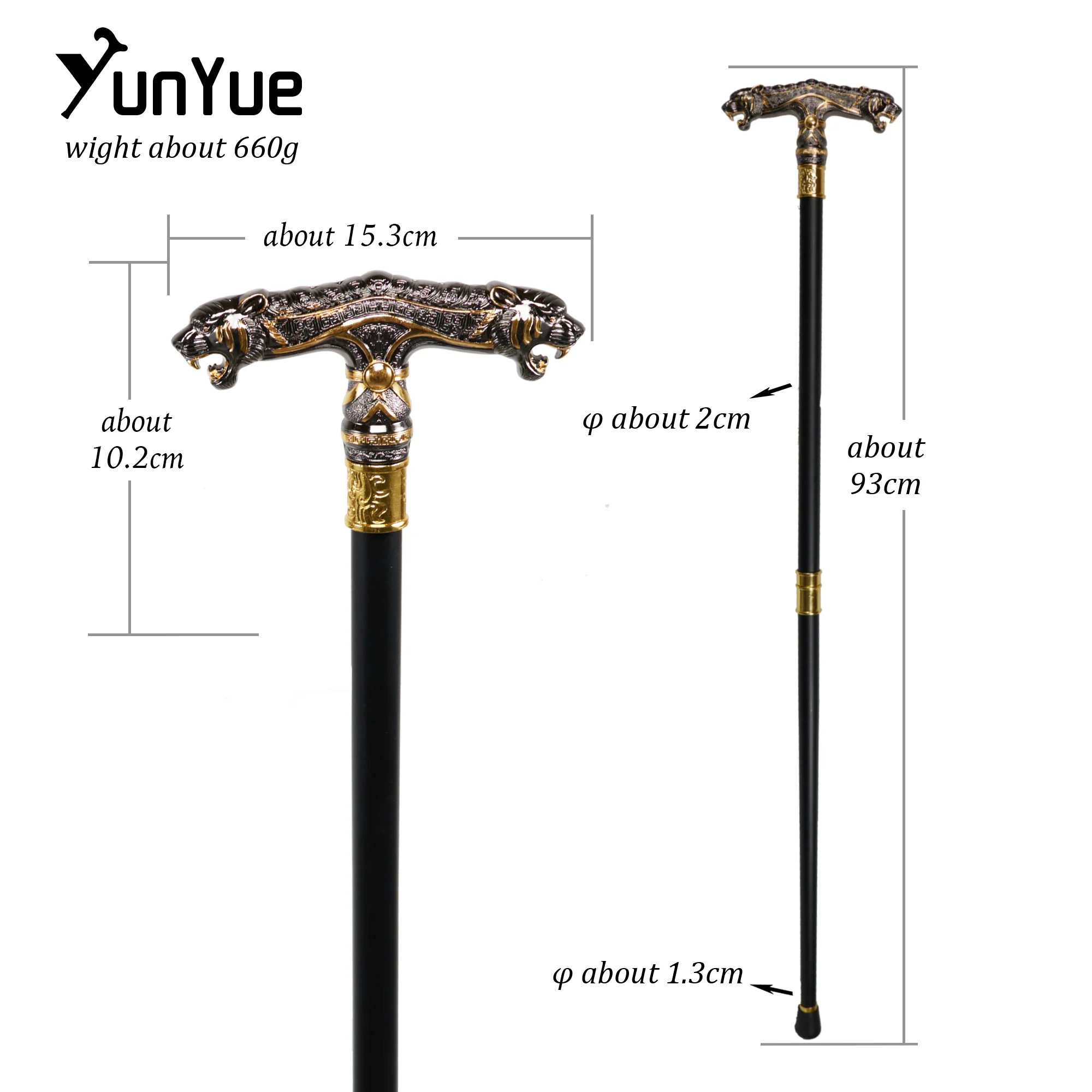 Vintage Black Two-Headed Cheetah Metal Walking Cane Gentleman Scepter Collections Elegant Walking Stick Cosplay Props Crutch