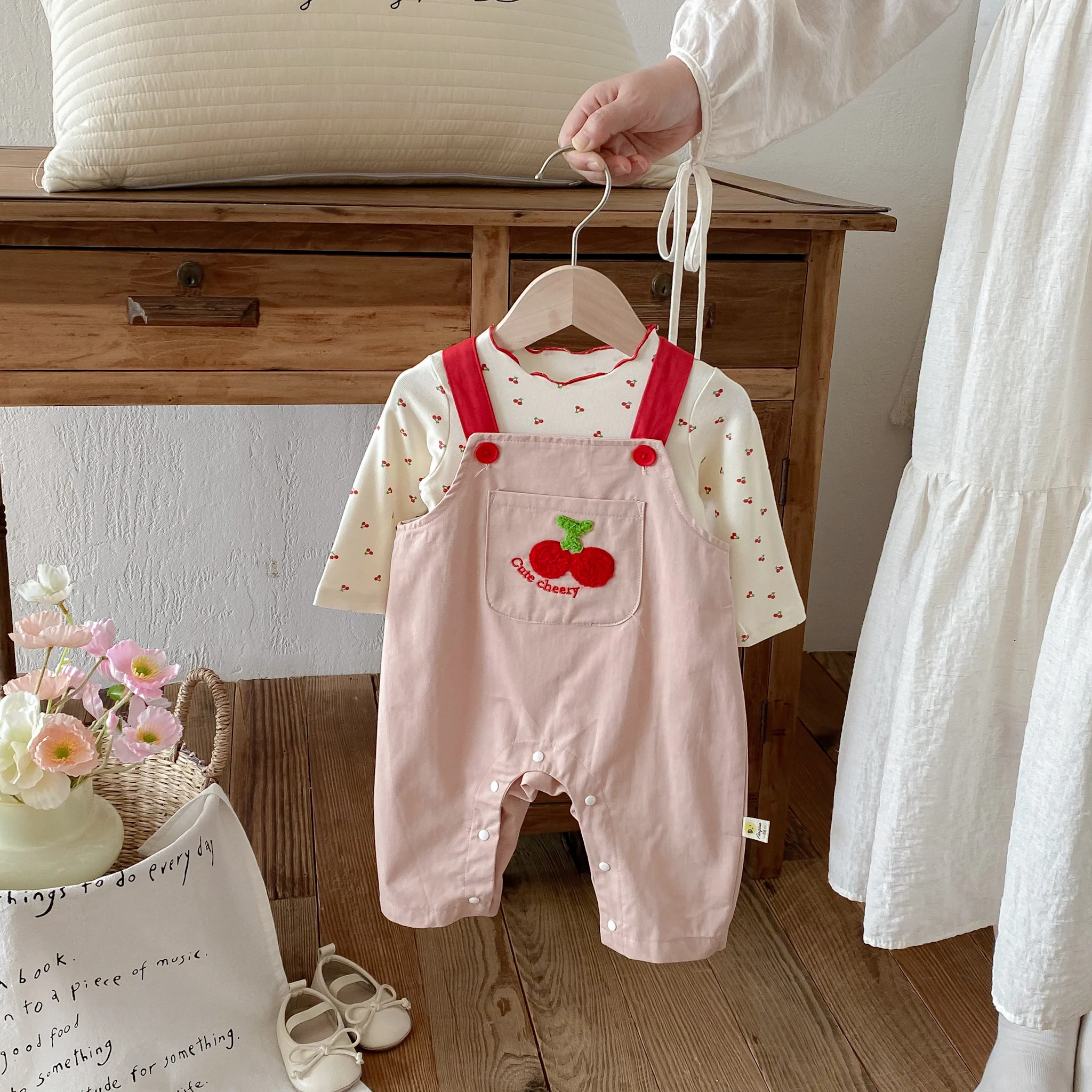 Spring and Autumn Girls' Set: Cherry-Printed Casual Top + Cute Shoulder Strap Climbing Suit