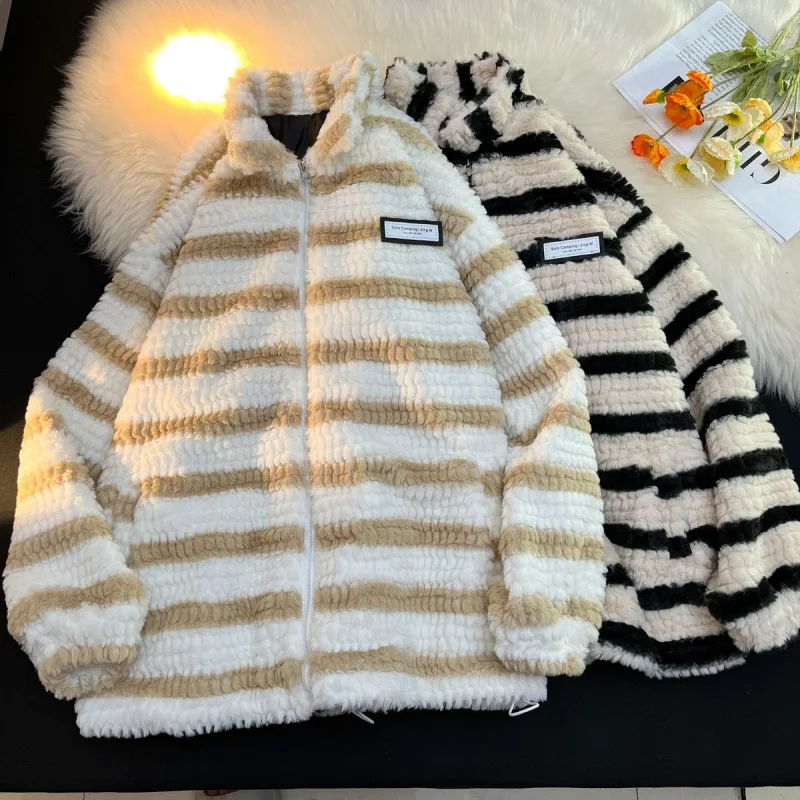 

Winter Thick and Loose Fitting Hong Kong Style Fashionable Striped Standing Collar Cotton Jacket