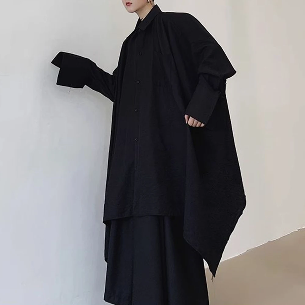 Mens Harajuku Irregular Shirt 2024 Spring New Fashion Goth Handsome Loose Oversized Lapel Fashion Long Sleeve Cloak Unisex