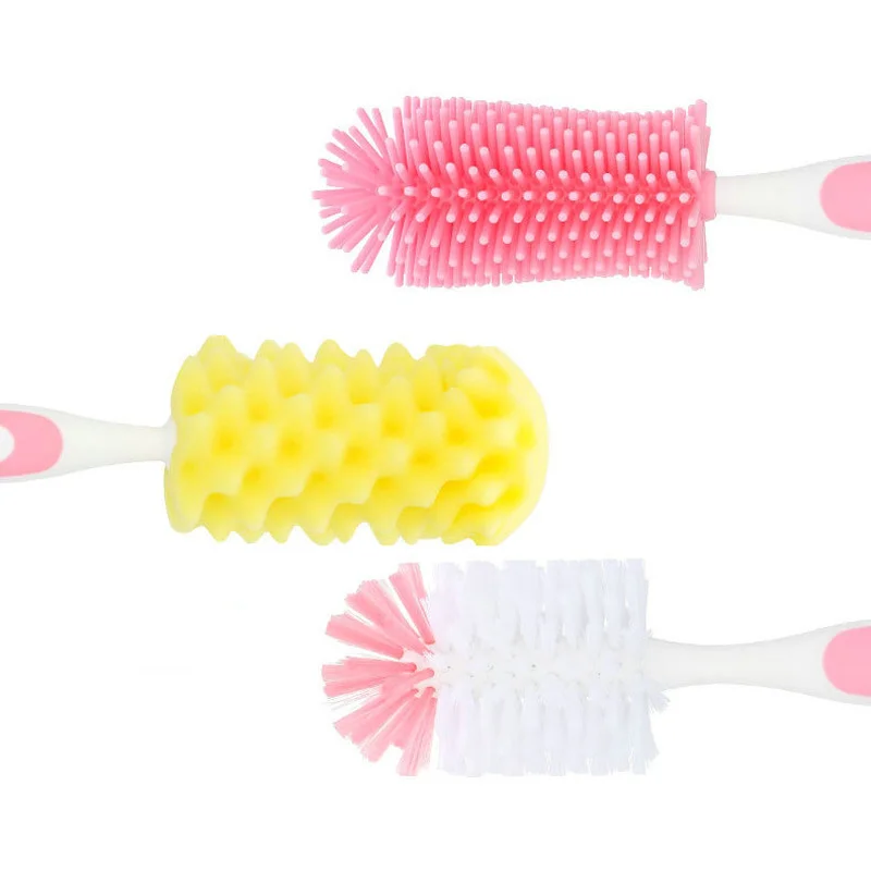 Baby Sponge/Nylon/Silicone Bottle Brush 360 Degree Rotation Baby Pacifier Cup Nipple Cleaning Brushes Set Handheld Soft Head