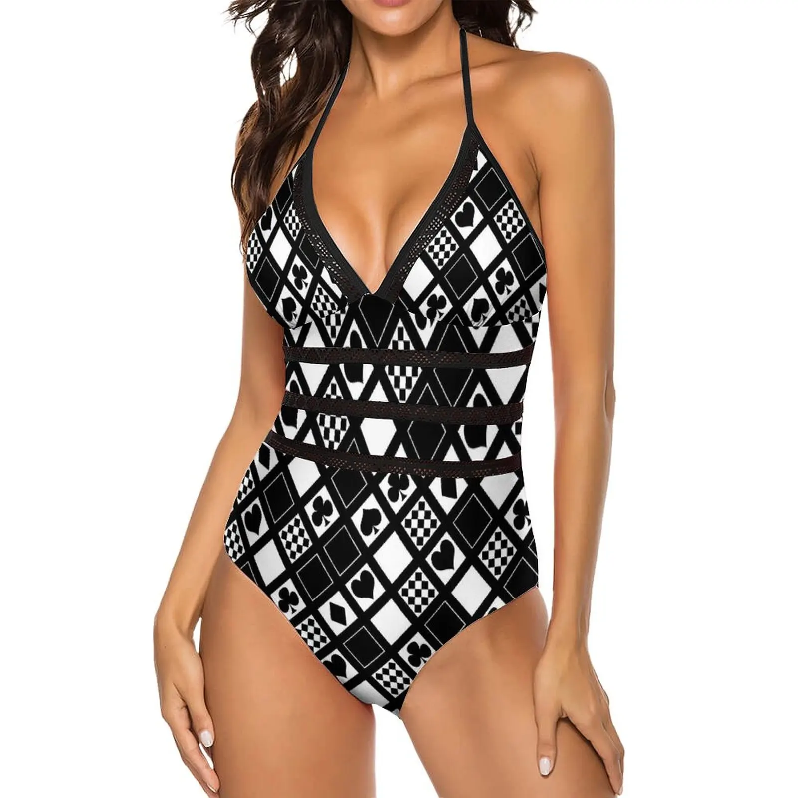 Casino Playing Cards Swimsuit Hearts Crosses Print Push Up Swimwear One Piece Bathing Suits Sexy Stylish Swimsuits Large Size