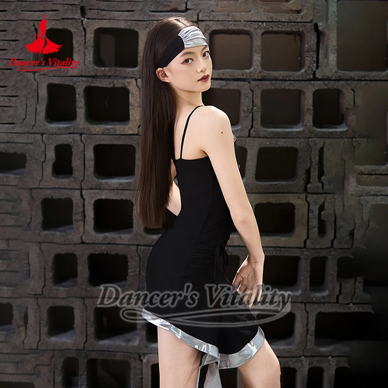 Lateinischer Tanz, hochglänzender Stoff, Trainings-Sling-Kleider für Mädchen, Kinder, Chacha, Samba, Kordelzug-Stil, Kleidung, Tänzerin Vitalität