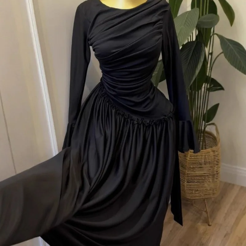 HKSH Frühling Herbst Neue Frauen Kleid Asymmetrische Plissee Oansatz Langen Ärmeln Taille Cinching Slim Fit Elegante Trendy Kleider HK17215