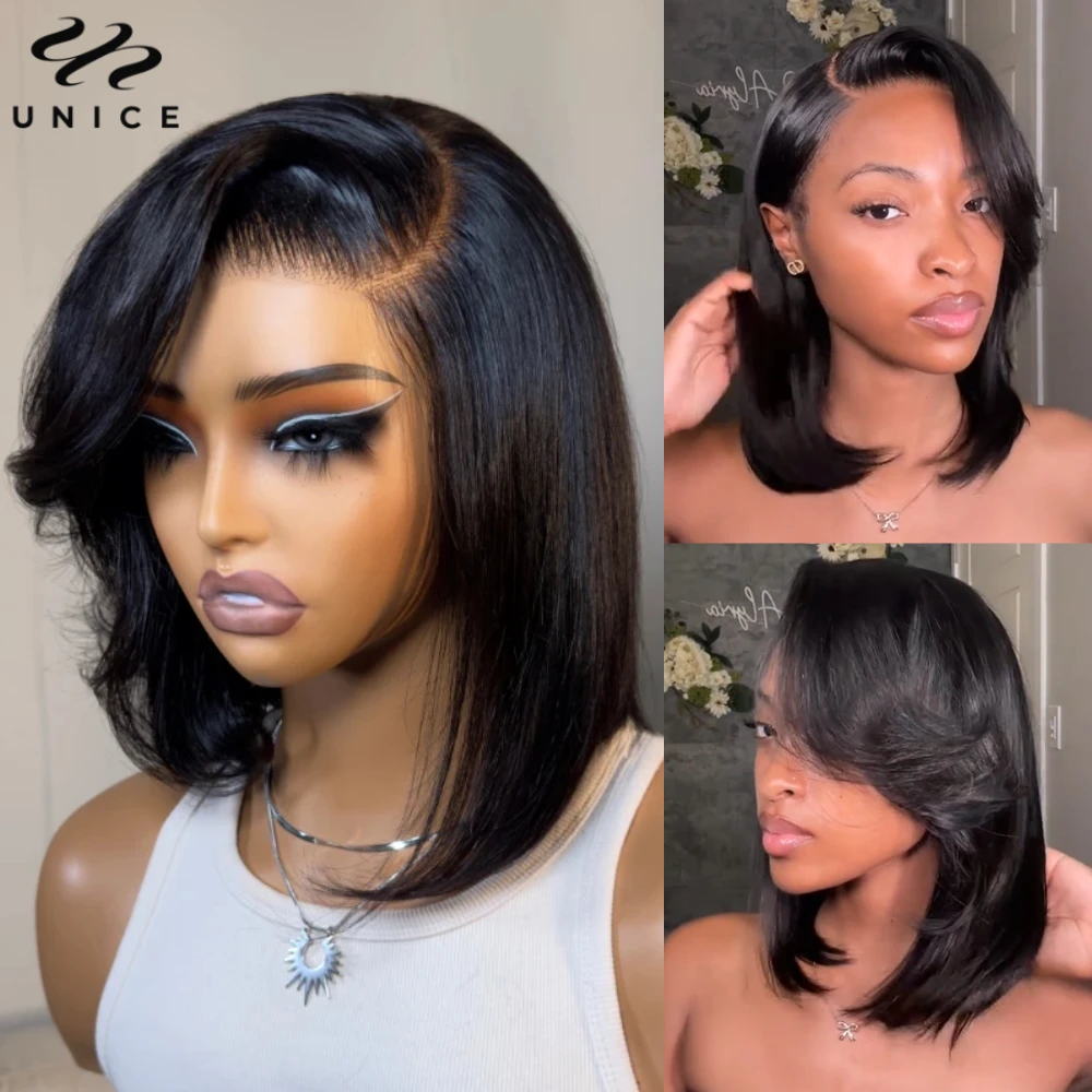 UNice Pre Cut Pre Bleached 7X5 Lace Closure Side Part Bob Wig With Blow Out Bangs Pre Styled Glueless Human Hair Ready To Wear