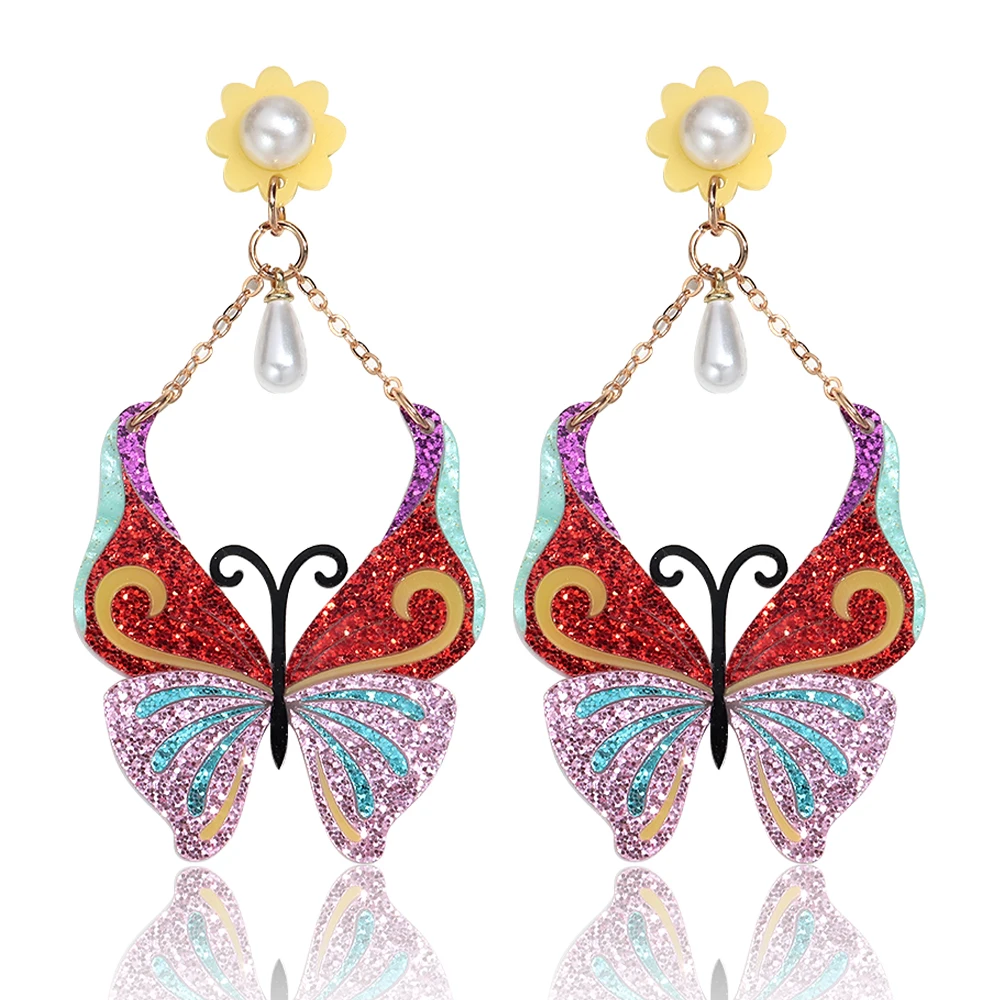 Fashion Glitter Acrylic Butterfly Pendant Earrings for Women Creative Colorful Insert Dangle Earring New Jewelry Gifts