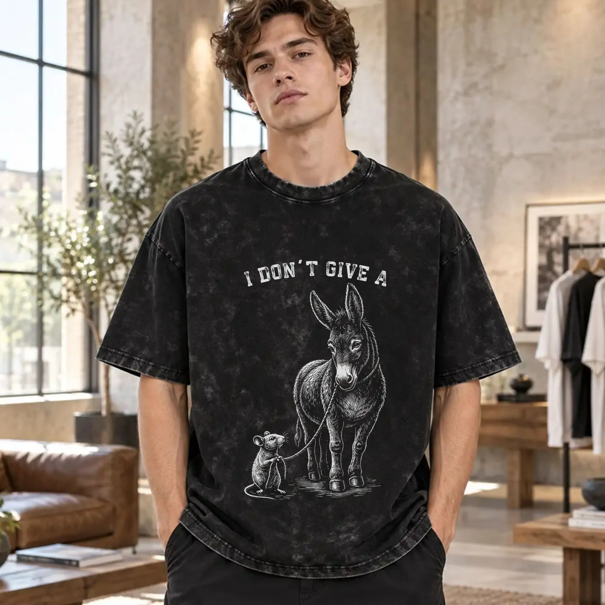 I Don't Give a Rats Ass Mouse Donkey Funny Men's T Shirts Washed  Casual Tee Shirt Short Sleeve Crew Neck T-Shirt   Clothing