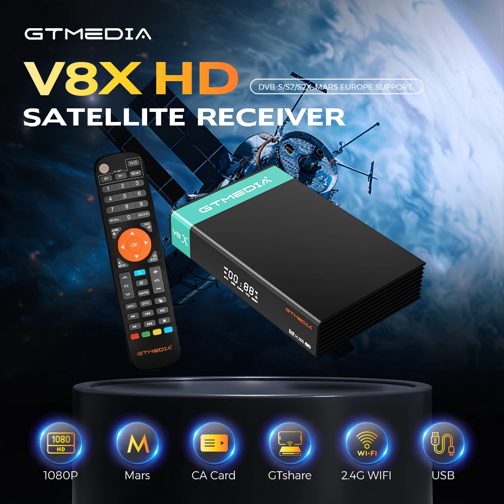 جهاز استقبال قمر صناعي GTMEDIA V8X DVB-S/S2/S2X، VCM/ACM/متعدد الأشواط يدعم BISS لفة تلقائية مدمجة 2.4G WIFI 1080P HD Mars v8x