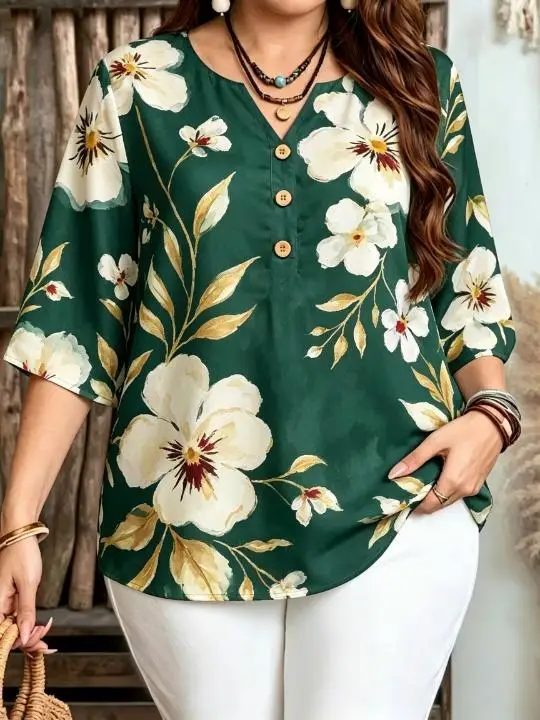 Women Retro Watercolor Large Floral All‑Over Print Blouse For Curvy Figures Notched Neck 3/4 Sleeve Loose Casual Ladies Tops