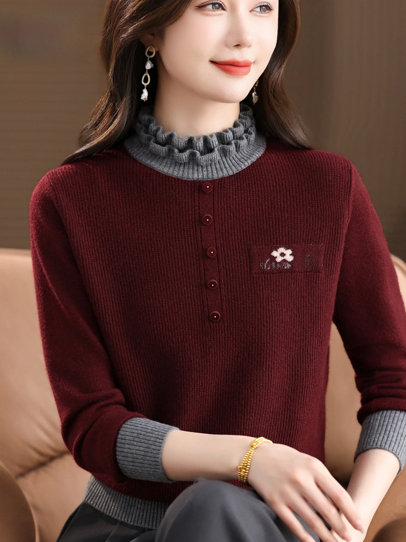 

Autumn Winter Thiened Knitted Color Blo Women's Sweater Faionable Base Layer Top for Middle-Aged And ly Ladies