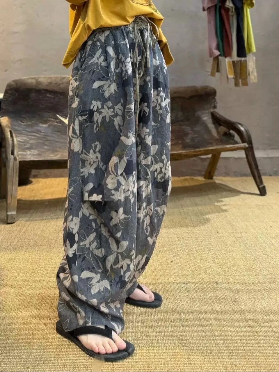 Retro Print Linen Wide Leg Pants Women Summer Thin Casual Loose Waist Straight Nine Points Pants Commute Style High Waist