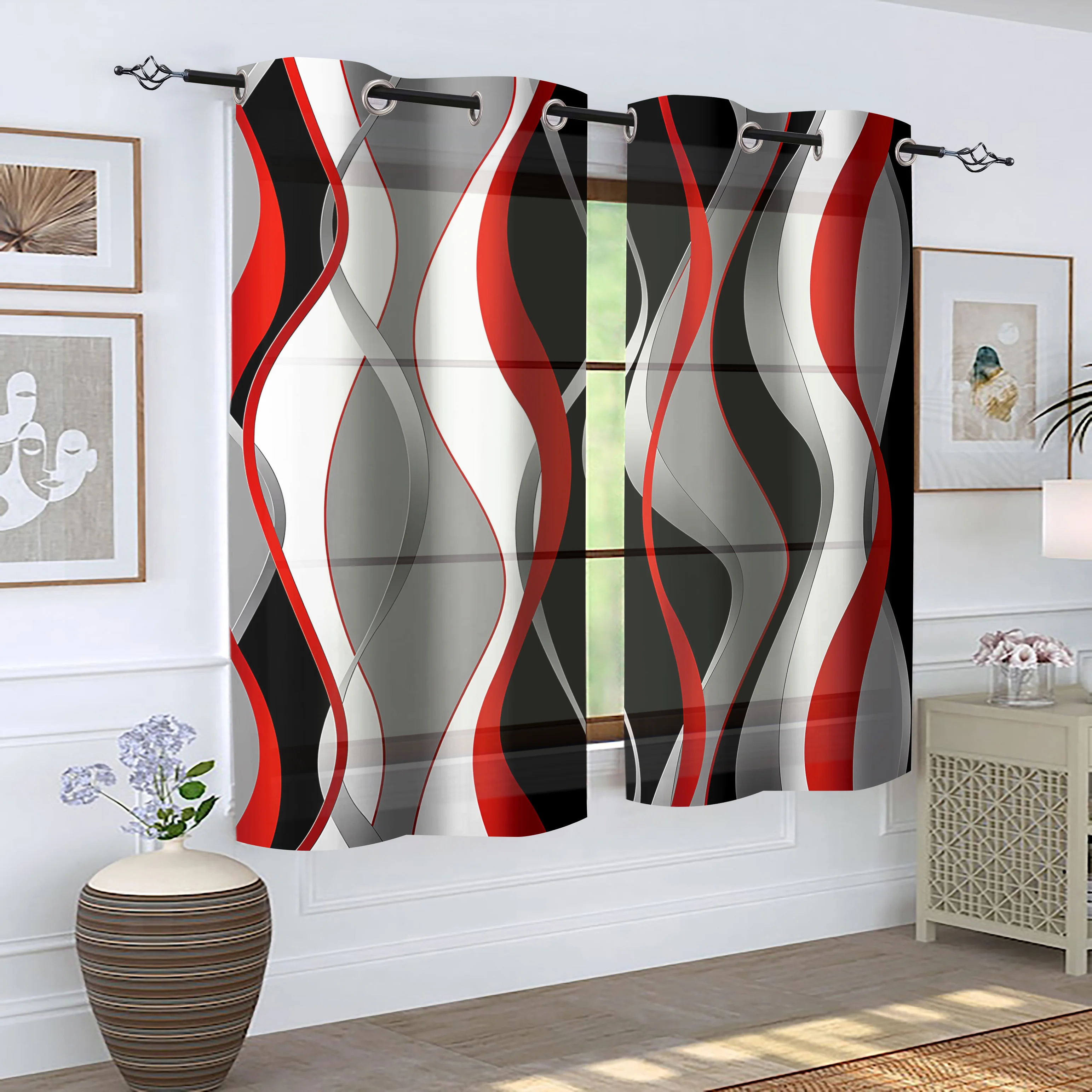 2 pieces, modern art abstract red, white, gray, black striped curtains - semi blackout - living room, bedroom, home decoration