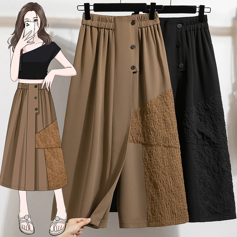 

Повседневные широкие брюки, дизайн юбки для женщин, летние большие размеры, юбка трапециевидной формы с разрезом на семь футов, брюки с высокой талией для поездок на работу