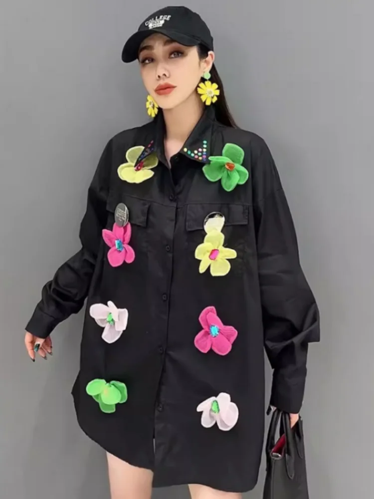 Vefadisa 2025 Spring Autumn New Black Three-dimensional Flower Women Shirts Lapel Long Sleeve Personality Fashion Shirts ZXY978A