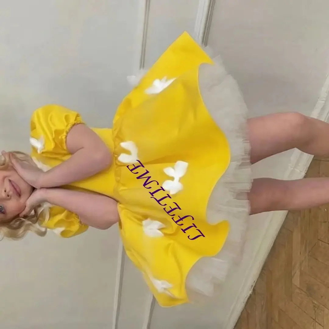 

Нарядное желтое платье для девочки с цветочным узором, длиной до колена, с бантами, для свадьбы, дня рождения, первого причастия, с возможностью индивидуальной настройки