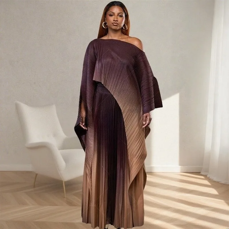 

Miyake плиссированные африканские большие размеры женские модные повседневные топы прямые широкие брюки с принтом из 2 предметов Ближний Восток для выпускного вечера официальная одежда