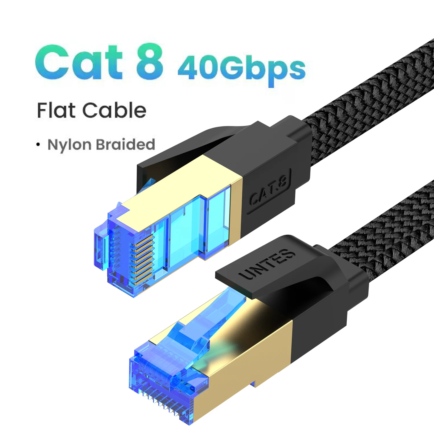 كابل إيثرنت UNTES Cat 8 Cat6، سلك شبكة مضفر عالي السرعة 40 جيجابت في الثانية 2000 ميجا هرتز Cat8 RJ45 كابلات LAN داخلية شديدة التحمل