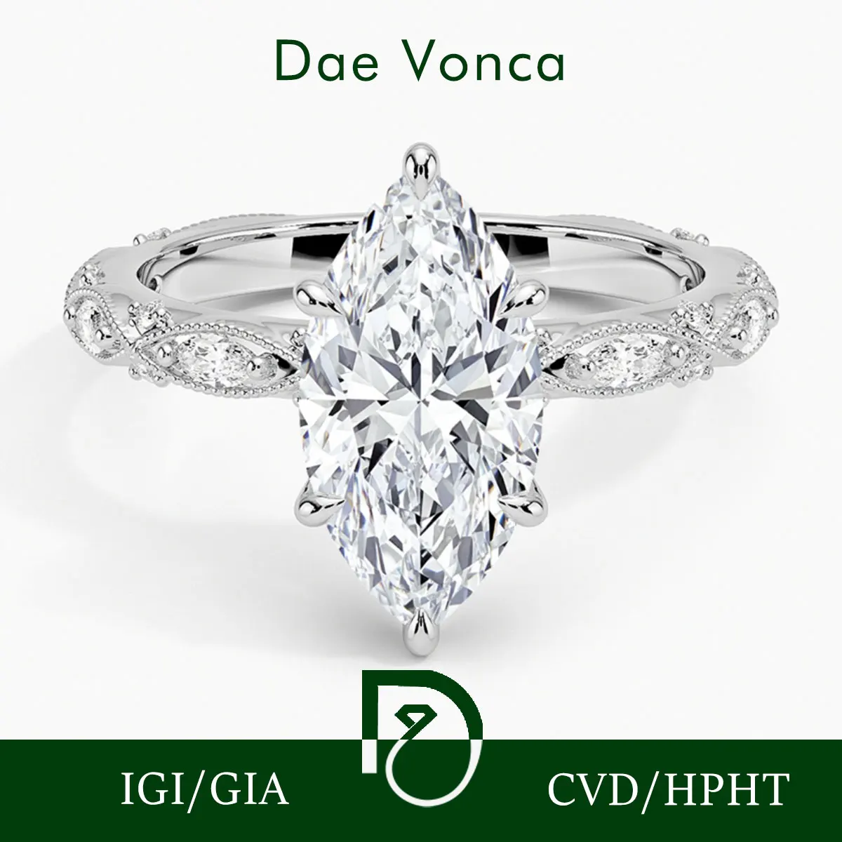 

Romantic Vintage Diamond Ring PT950/14K/18K White Gold Milgrain Edge & Marquise Cut Lab Grown Diamond Center