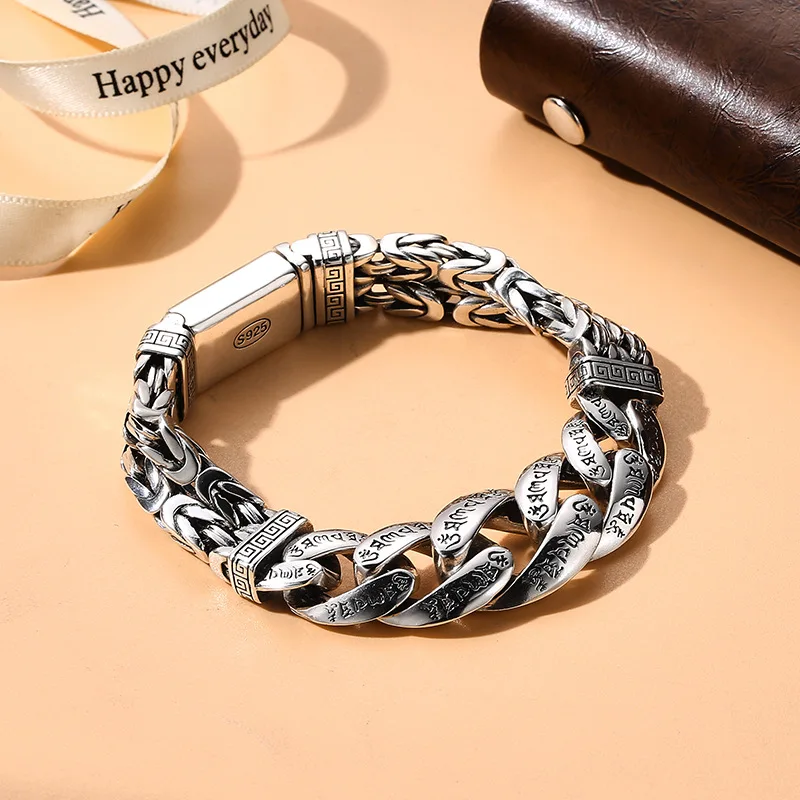 

S925 sterling silver jewelry men's personality domineering Om mani padme hum safe grain transport bracelet vintage silver chain