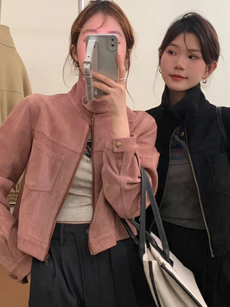 

ort Chic Retro Stand Collar Design Women's Deer Skin Velvet Slimming Unique Design Top Korean Sle Commute Loose Fit