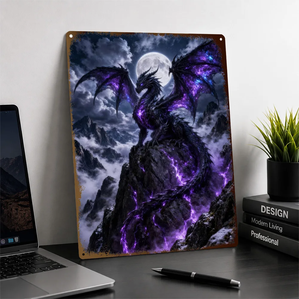 Majestic Dragon On Mountain Peak Textured Poster Personalized Aluminum Metal Sign Dark Gothic Style Wall Art For Bedroom Decor