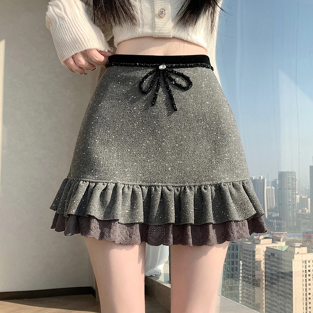 輝く秋冬薄手美服ドレス新作紐付き菌状レースウールショートスカートレディースハイウエストスリムスカート