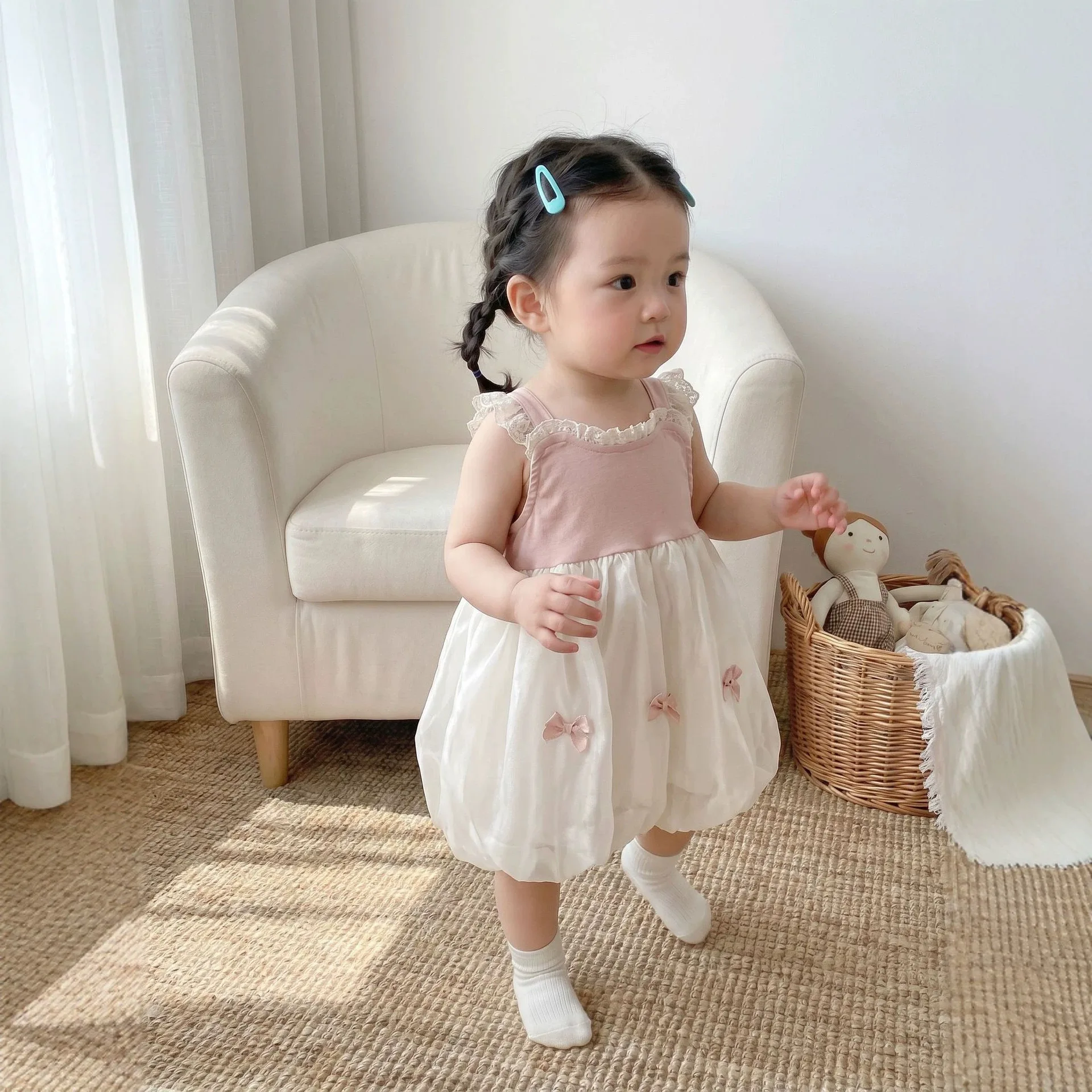 

2026 New Summer Sleeveless Bow Mesh Backless Dress – Korean Style Floral Bud Dress for Baby Girls, Toddler Princess Romper