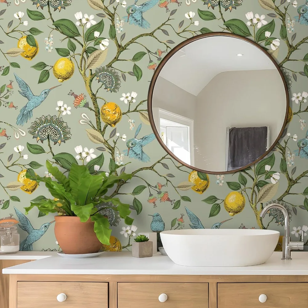 ورق جدران كلاسيكي قابل للتقشير واللصق باللون الأخضر المريمية مع الطيور والزهور والليمون الذهبي والأشجار للمطبخ، طراز بوهيمي