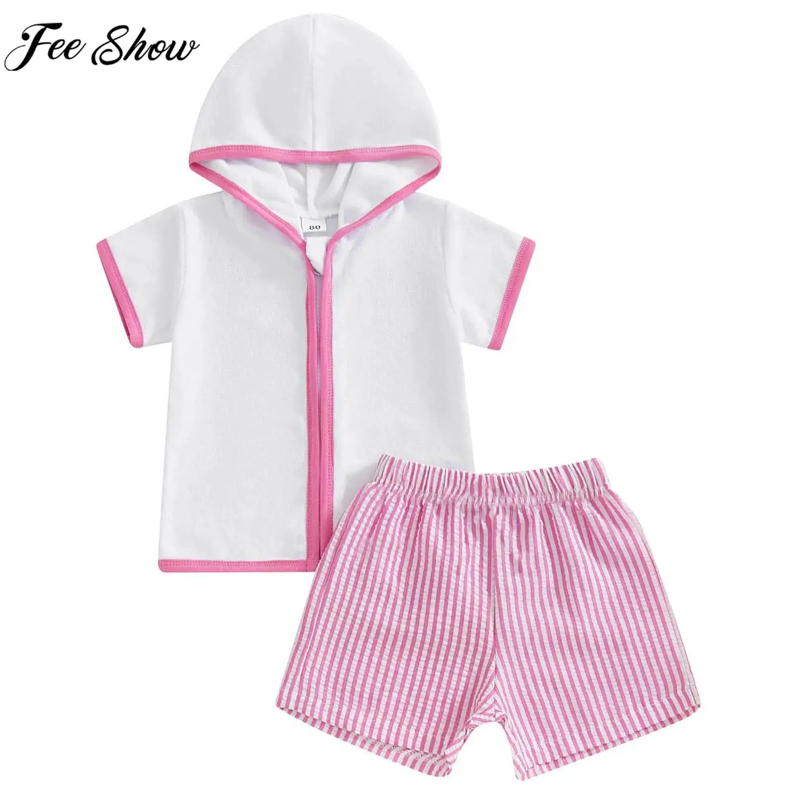 

Toddler Boys Girls Summer Casual Outfit Swim Cover-ups Towel Terry Zipper Hooded Tops with Shorts for Pool Party Beach Holiday
