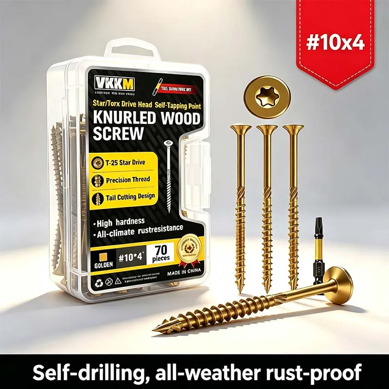 

VKKM 70Pcs #10x4" Gold Wood Screws, T25 Star Drive Self Tapping with 50mm Free Bit, Heavy Duty All-Climate Rustproof for Deck Fencing Framing DIY