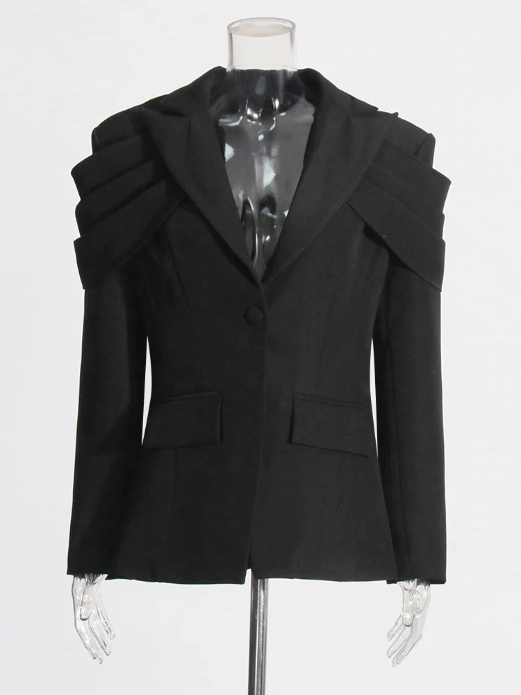 TWOTWINSTYLE-Chaqueta con pliegues empalmados para mujer, Blazer elegante de manga larga con cuello con muescas y botones de retales