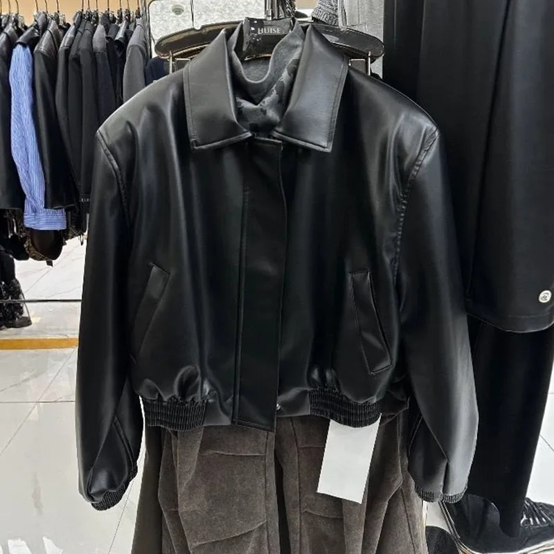 Spring  Autumn Lady Casual Leather Jacket Korean Women Long Sleeved PU Leather Top Outwear 2025 Female Fashion Faux Leather Coat