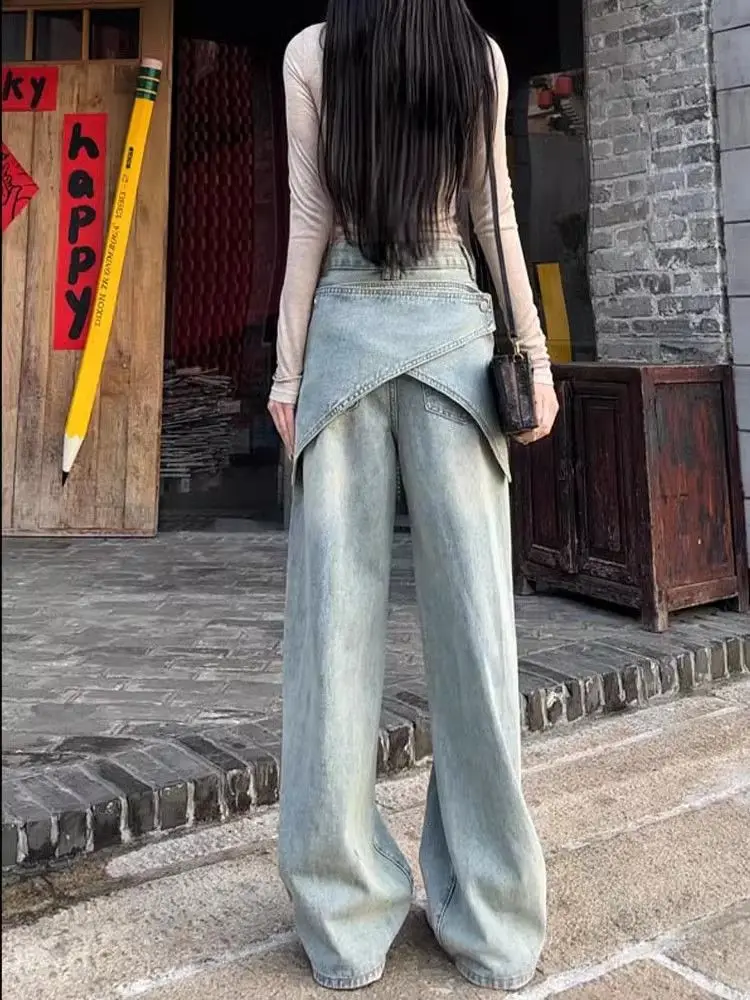 Pantalones vaqueros irregulares con faja extraíble para mujer, Jeans holgados azules Y2k, pantalones de vaquero de retazos Vintage, pantalones de mezclilla Harajuku, ropa de calle