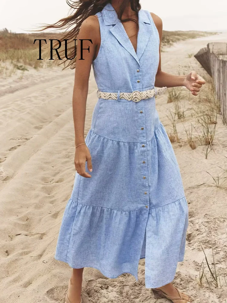 

TRUF European and American style summer new fashion trend women's clothing with belt decoration linen blend midi dress