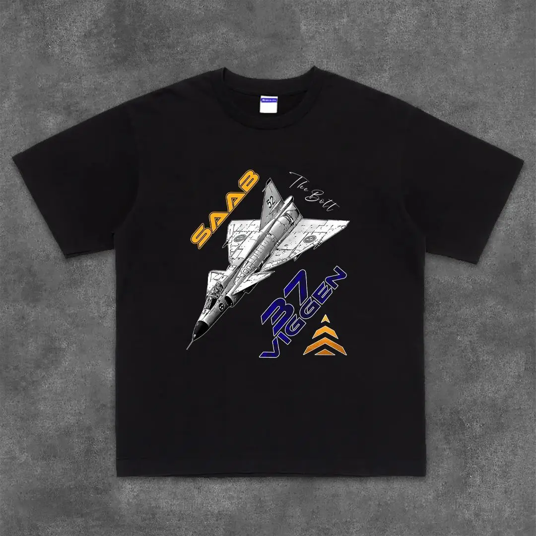 

Military Enthusiast Men's Short-sleeved T-shirt with Fighter Jet Print, Pure Cotton Loose Round Neck, Worn on The Outside