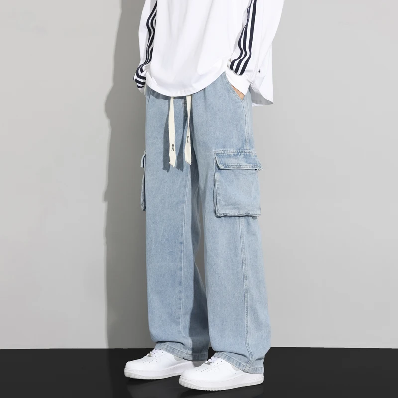 Jeans cargo larghi da uomo autunno nuova tasca vintage casual dritto moda coreana pantaloni in denim con coulisse streetwear maschile