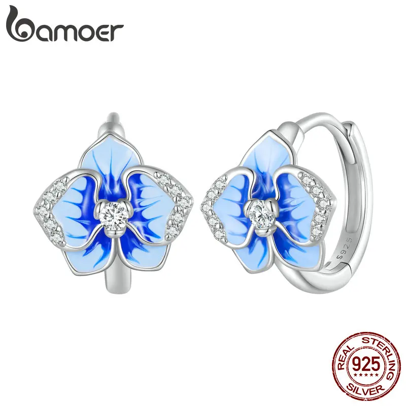 Bamoer 925 Sterling Silver Butterfly Orchid Ear Buckle Blue Flower Earring Birthday Party Fine Jewelry Gift