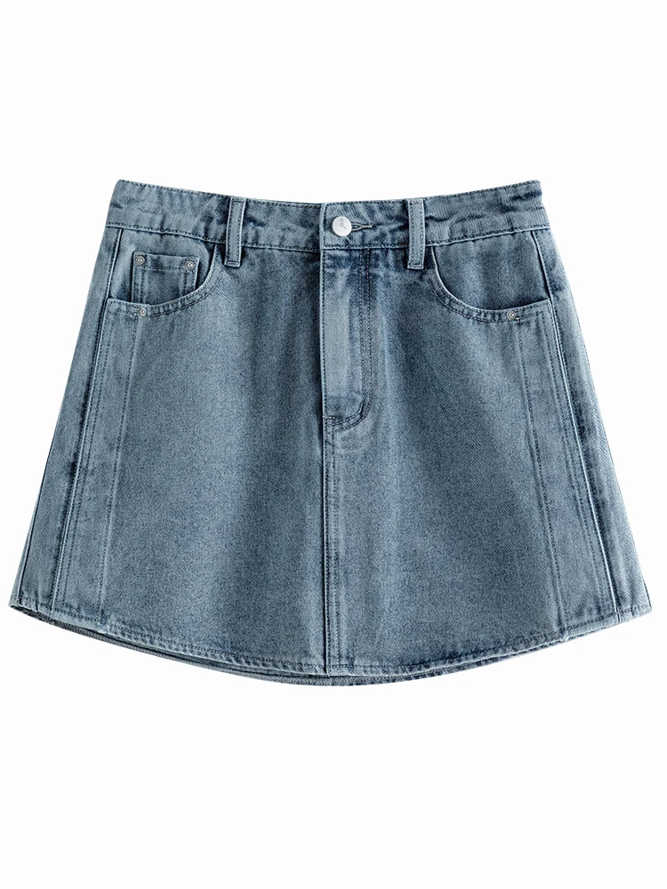 FSLE High Waist Women Denim Blue Skirts Curved Hem Design Ladies Summer Mini Denim Skirt Korean Style Solid Commuter Women Skirt