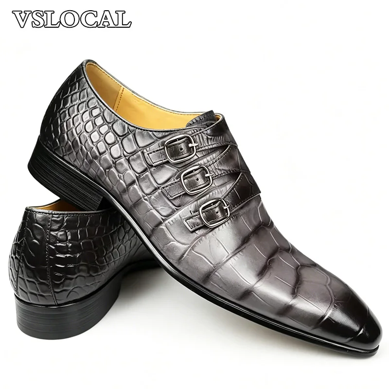 Luxury Men Leather Shoes Slip-On Black Croco Print Three Buckle Strap Loafers Mens Dress Shoes Wedding Office Shoes Men