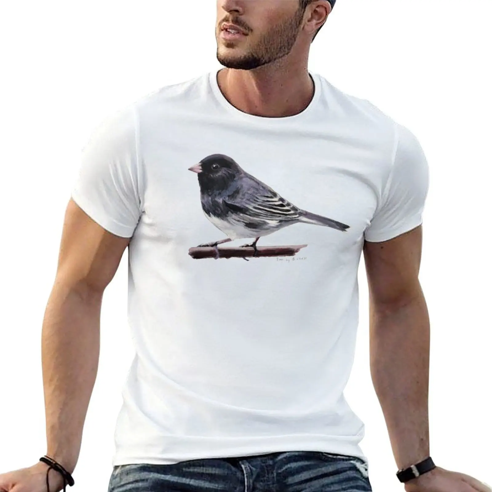 

Dark Eyed Junco (perched) bird painting T-Shirt t shirts for man cotton soft t shirts for man pack white T-Shirt