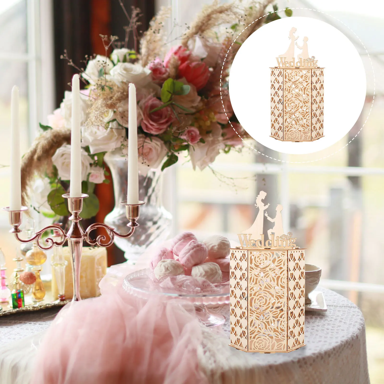 

1Pcs Log Color DIY Wooden Hollow Wedding Sign-in Box Hexagonal Cards Receiving Case for Wedding Card Storage