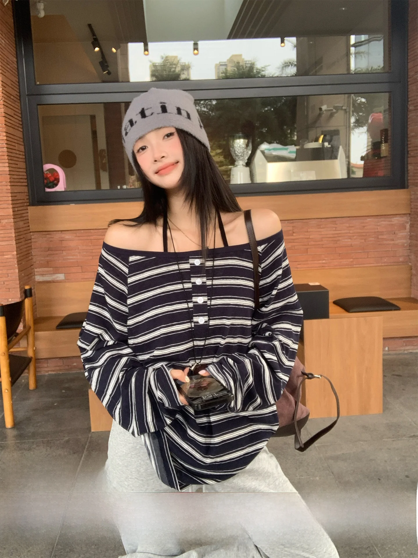 

Loose Long Sve Striped T-irt Women's Spring Autumn Lazy Sle Casual Faion Ladies' Top Comfortable Fit T-irt