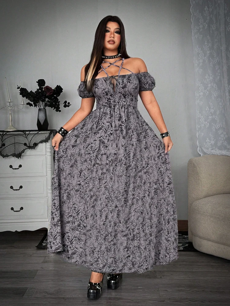 

Plus Size Women's Casual Punk Dark Print Neckline Tie Rope Pentagram Accessories Waist Dress Strapless Sleeve
