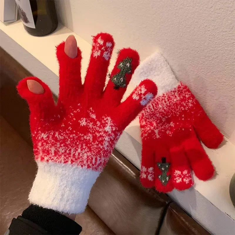 Winter Thick Cashmere Gloves Christmas Tree Knit Warm Mittens Full Finger Skiing Gloves Touchscreen Two Layer Plush Xmas Gloves