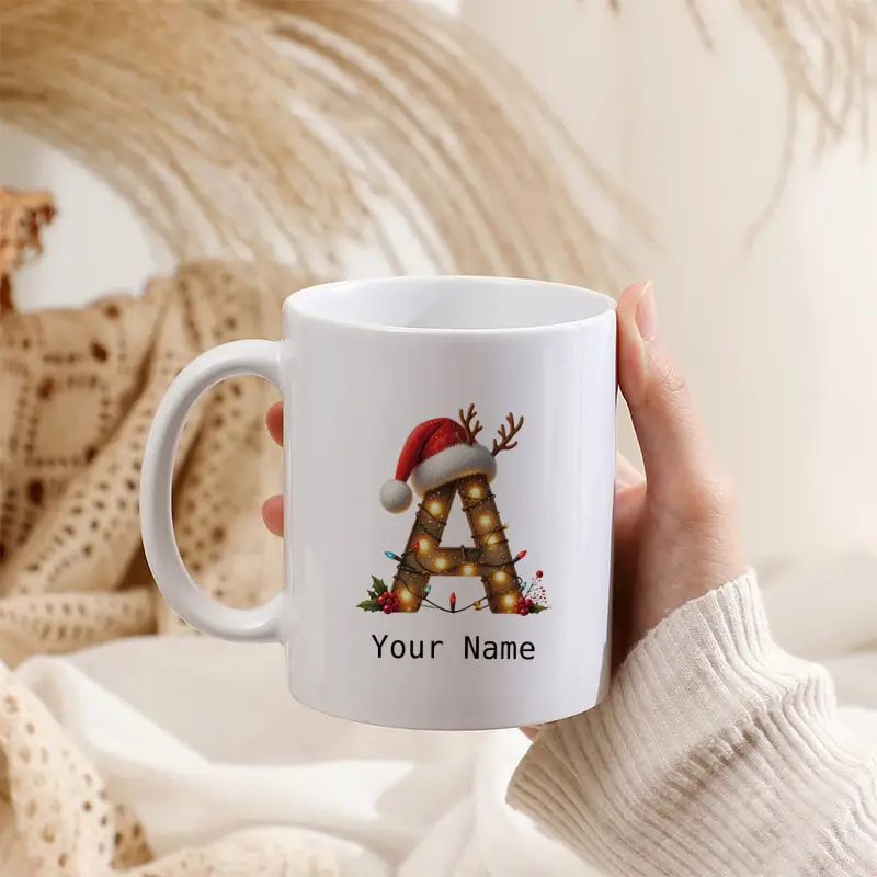 Custom Name Christmas Monogram Letter A -Z Mug Wooden Texture Antlers Santa Hat String Lights Ceramic Coffee Cup Holiday Gift