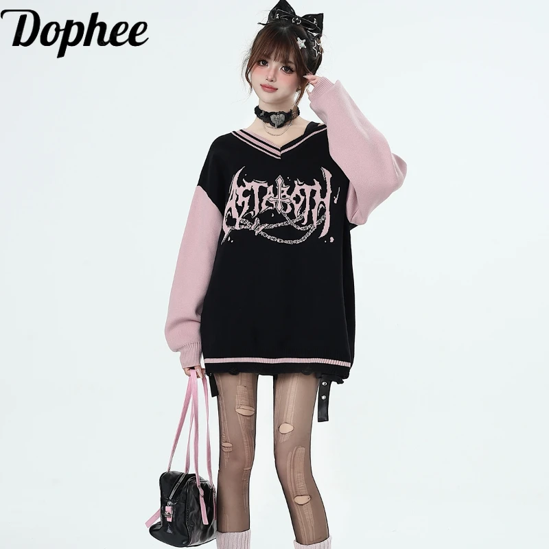 

Оригинальный осенне-зимний длинный короткий женский свитер Dophee Y2k, пуловер с V-образным вырезом и V-образным вырезом, трикотажный топ