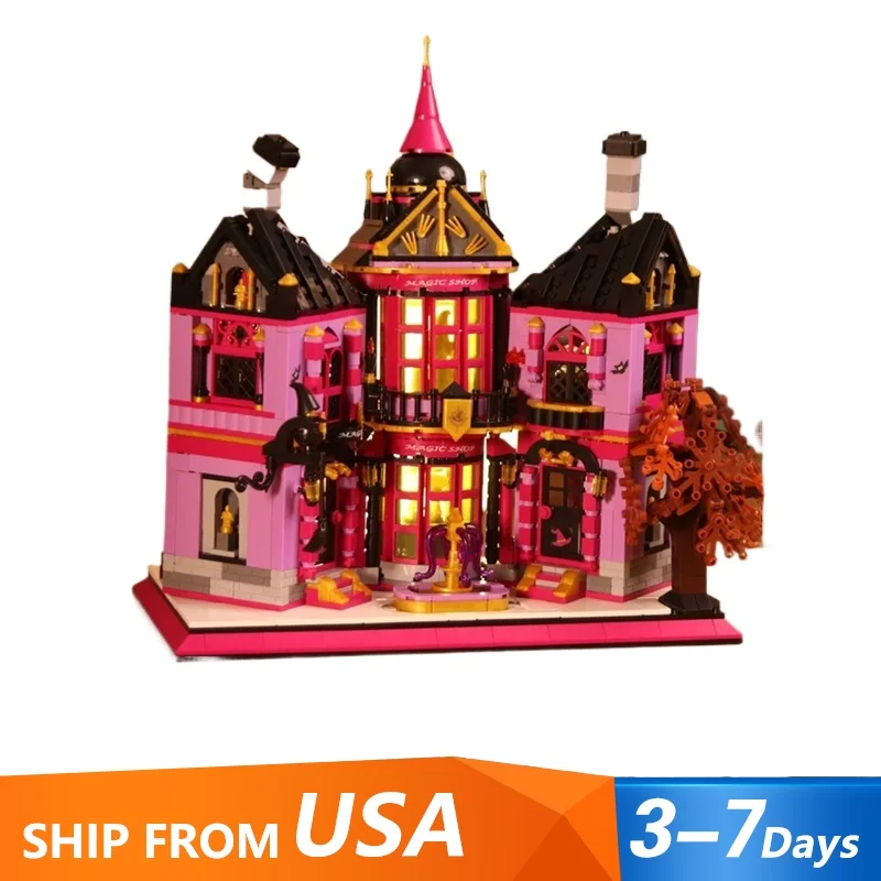 

Мини-кирпичи1366 шт., креативный эксперт, волшебный магазин, строительные блоки, сборная модель, освещение, вид на улицу, замок, игрушка «сделай сам», Рождественский подарок