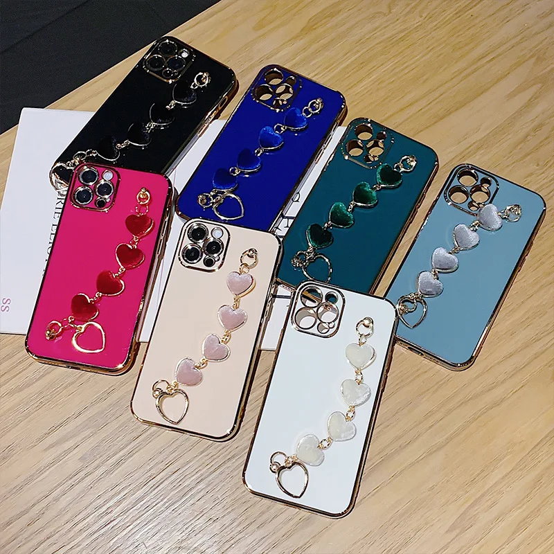 Bracelet Love Heart Plating Phone Case  For iPhone 11 12 13 14 Pro Max Mini X XR 7 8 Plus SE 3 Soft Shockproof Bumper Back Cover