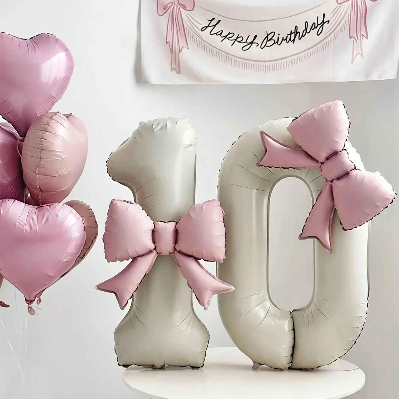Cremefarbenes Zahlenballon-Set, mit herzförmigen und rosa Schleifennummern 0-9 – weiche Geburtstagsparty-Dekorationen, geeignet für Taufe, Geburtstag, Jubiläen, Partyzubehör, Zahlenballons